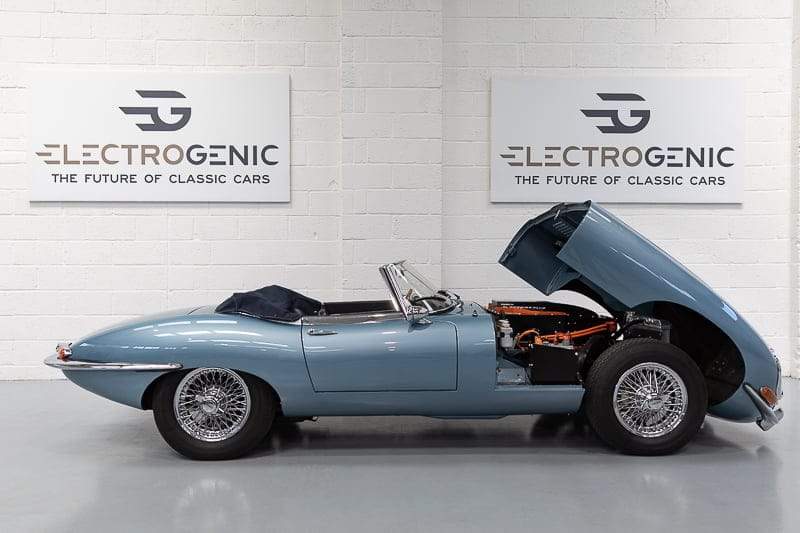 1962 blue E-Type converted to electric with bonnet up
