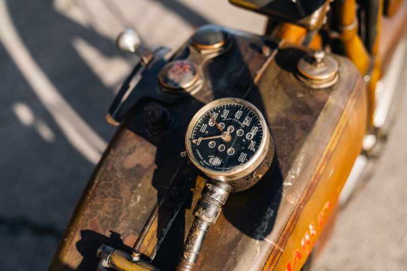Electrogenic hybrid Harley Davidson conversion close up of speedometer